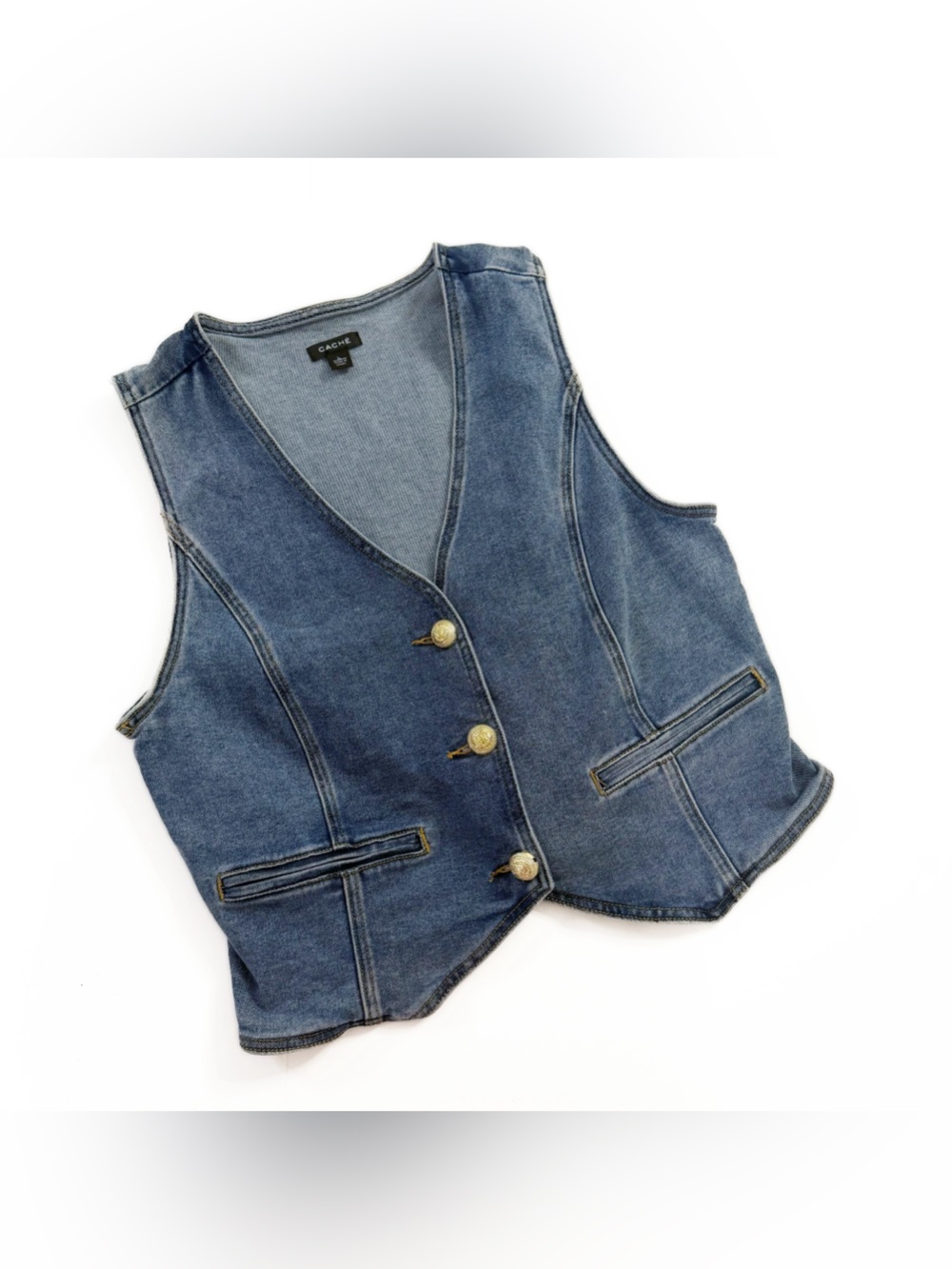 Cache Vest Jacket Womens Large Denim Fitted Gold Buttons